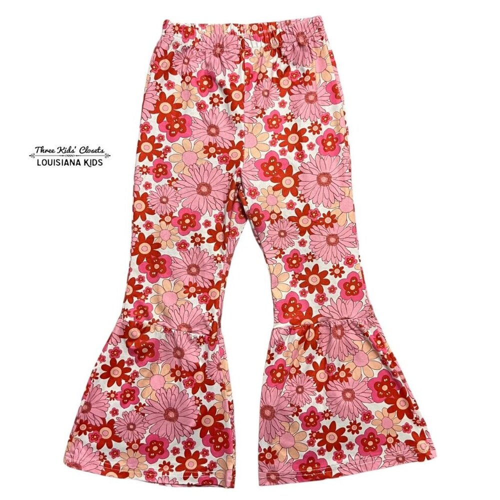 Retro Hippie Style Sz 122 (7Y) Pink Floral Bell Bottom Pants